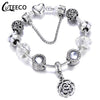 CUTEECO 925 Fashion Silver Charms Bracelet Bangle For Women Crystal Flower Beads Fit Brand Bracelets Jewelry