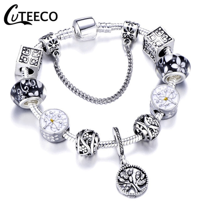 CUTEECO 925 Fashion Silver Charms Bracelet Bangle For Women Crystal Flower Beads Fit Brand Bracelets Jewelry